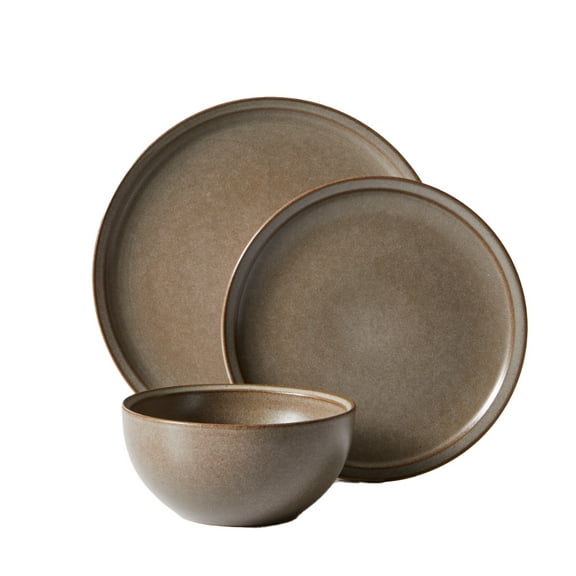 Better Homes and Gardens Banks Brown 12-Piece Stoneware Dinnerware Set, Brown Plates and Bowls, Set for 4