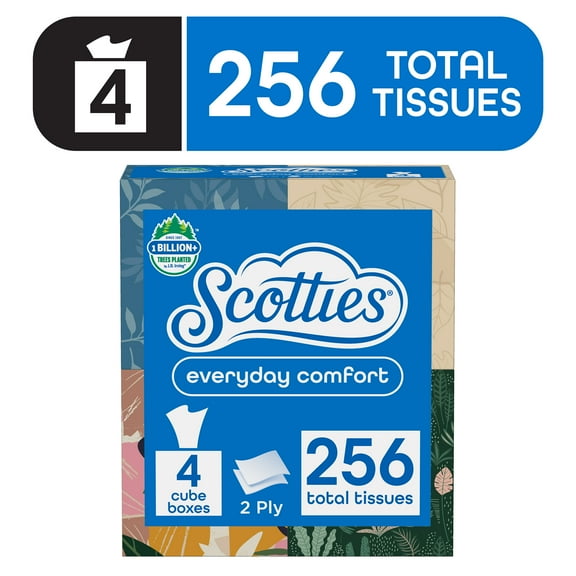 Scotties Everyday Comfort Facial Tissues 2-Ply Cube Boxes 4 Pack (256 Total Tissues)