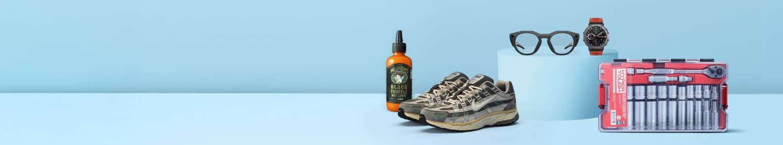 From four dollars ninety-seven. Nike sneakers, Hyper Tough tool set, Meta smart glasses, wristwatch and bottle of hot sauce.